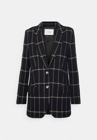 Černý blazer s béžovým kostkovaným vzorem, se dvěma předními knoflíky, klopovými kapsami a límcem s vlnitým zakončením.