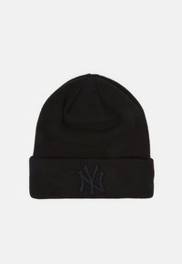 Gorro de punto negro con un dobladillo que presenta un logotipo bordado texturizado y monocromático en la parte delantera. Material suave, ajuste ceñido.