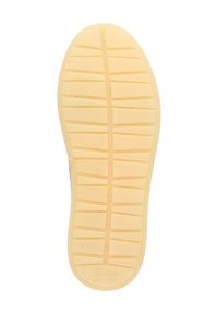 Semelle de chaussure en caoutchouc beige avec un motif de grip texturé, des motifs rectangulaires et un logo en relief. Taille 37 marquée près du talon.