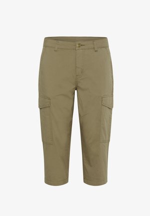 Knee garuma cargo šorti khaki krāsā, izgatavoti no viegla auduma. Satur priekšējos kabatas un divas lielas sānu cargo kabatas.