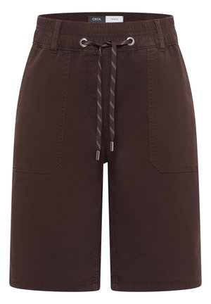 Shorts marron longueur genou avec taille élastique, cordon de serrage, deux poches avant et détails de couture visibles.