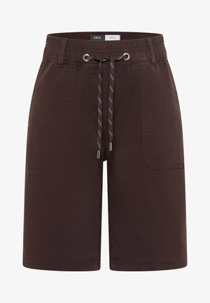 Shorts marron longueur genou avec taille élastique, cordon de serrage, deux poches avant et détails de couture visibles.