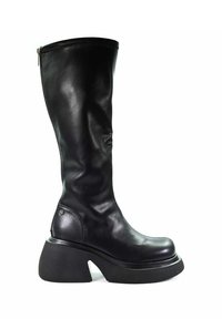 Czarne skórzane botki do kolan z okrągłym noskiem, grubą platformą, niewielkim obcasem i suwakowym detalem po boku. Gładka tekstura.