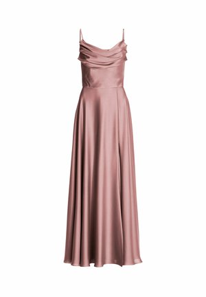 Lungo abito da sera in raso rosa polvere con spalline sottili, scollo a cascata e spacco laterale sulla gonna fluente.