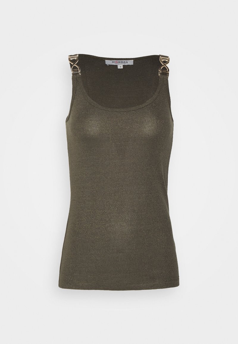Débardeur en maille vert olive foncé sans manches avec encolure dégagée et détails de boucles en métal doré sur les bretelles.