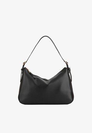 Bolso de hombro de cuero negro con un acabado suave y texturizado y una forma curva. Presenta herrajes en tono dorado y una única correa ajustable.