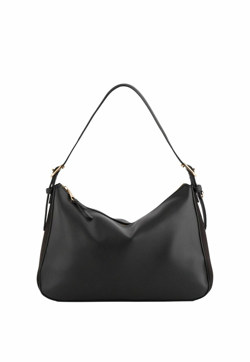 Czarna skórzana torba na ramię o miękkiej, teksturowanej powierzchni i zakrzywionym kształcie. Wyposażona w złote akcenty oraz jedną regulowaną rączkę.