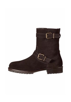 Dark brown suede ankle boot with two adjustable brass buckles and a low heel with a ridged sole.