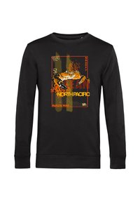 Camisa negra de manga larga con un gráfico de un cangrejo naranja y texto "North Pacific", "Marine Reef" y elementos de diseño estilizados.