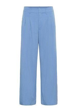 Lichtblauwe wijde broek met plooien aan de voorkant, ceintuurlussen en een verborgen sluiting aan de voorkant.