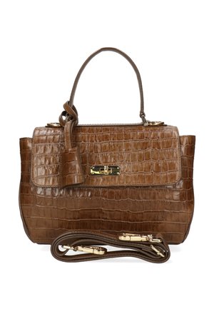 Borsa a mano in pelle marrone con stampa effetto coccodrillo, manico superiore, patta frontale, chiusura dorata e tracolla removibile posta sul davanti.