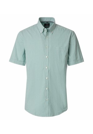 Kurzärmeliges Hemd mit Knopfleiste, grün-weiß gestreift in vertikaler Richtung und einer Brusttasche auf der Vorderseite, dargestellt vor einem schlichten weißen Hintergrund.