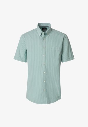 Kurzärmeliges Hemd mit Knopfleiste, grün-weiß gestreift in vertikaler Richtung und einer Brusttasche auf der Vorderseite, dargestellt vor einem schlichten weißen Hintergrund.