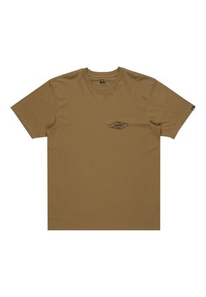 Brown cotton t-shirt with short sleeves and a round neckline. Features a black logo design on the left chest and brand label on the sleeve.