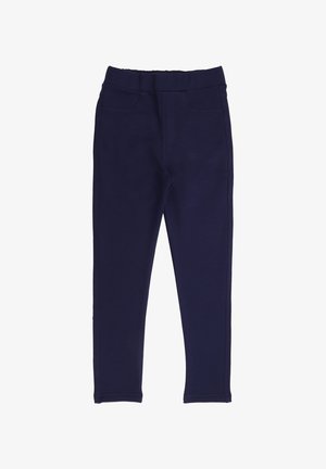 Navy blue leggings made of stretch fabric. Features a fitted design, elastic waistband, and mock front pockets with stitching details.