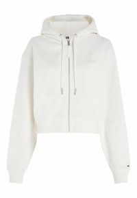 Sudadera blanca recortada con cremallera, hecha de un tejido suave, que cuenta con una capucha con cordón y un logo tonal en el pecho. Puños y dobladillo acanalados.