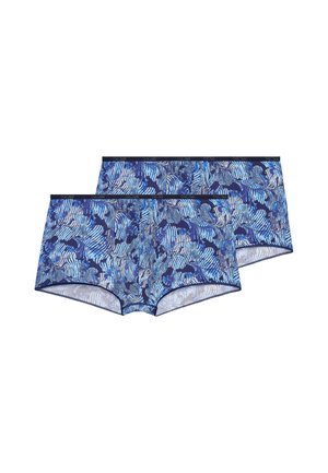 Due paia di boxer aderenti da uomo con motivi astratti blu a onde e foglie e fascia in vita scura.