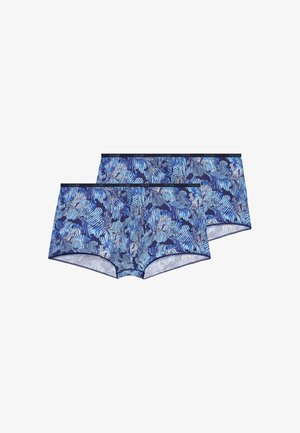 To par mænds tætsiddende boxershorts med blå abstrakte bølge- og bladmønstre og mørke linninger.