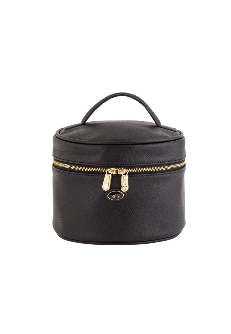 Black round cosmetic bag made of textured material, features a gold zipper with two pulls and a top handle for easy carrying.
