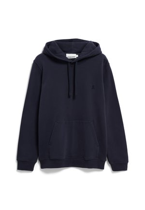 Navyblauer Kapuzenpullover aus weichem Stoff, mit einer Kängurutasche, verstellbarem Kapuzenzug und einem dezenten gestickten Logo auf der Brust.