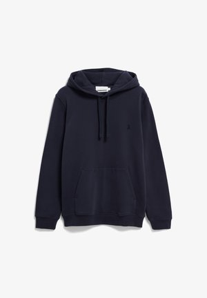 Navyblauer Kapuzenpullover aus weichem Stoff, mit einer Kängurutasche, verstellbarem Kapuzenzug und einem dezenten gestickten Logo auf der Brust.