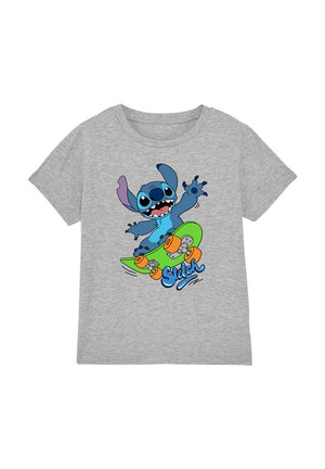 Gray cotton t-shirt featuring a blue cartoon character skateboarding on a green skateboard, with the word "Stitch" in blue beneath the character.