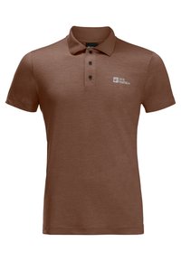 Polo shirt marron avec un plastron à trois boutons, logo de marque sur la poitrine gauche, manches courtes et texture douce.