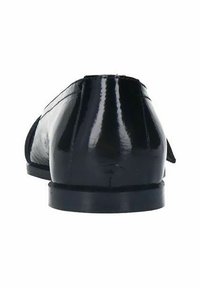 Zwarte laarzen van patentenleer met een gladde, glanzende afwerking, ronde neus en een lage, stevige hak. Minimalistisch ontwerp zonder zichtbare details.