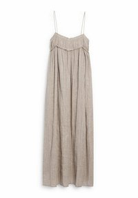 Robe longue en lin beige avec des fines bretelles, un corsage froncé et une jupe fluide plissée. Tissu léger avec une apparence texturée.