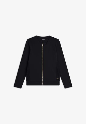 Giacca nera con cerniera, realizzata in tessuto elastico, con maniche lunghe, perforazioni laterali e dettagli dorati sulla cerniera. Tessuto liscio.