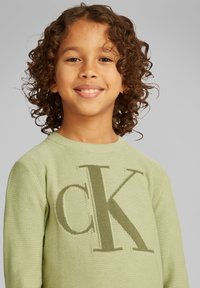 Bambino sorridente con capelli castani ricci che indossa un maglione verde chiaro di Calvin Klein su uno sfondo grigio uniforme.