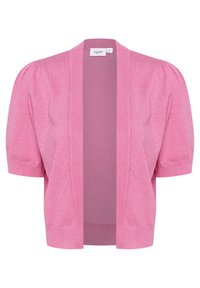 Vaaleanpunainen neulottu kardigan, jossa on lyhyet puffi-hihat, avoin etuosa ja ribattointia. Sujuva tekstuuri, jossa on tasavärinen muotoilu. Koko M -merkki näkyvissä.