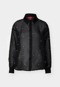 Schwarze, durchsichtige Bluse mit langen Ärmeln, die verstreut mit perlenähnlichen Akzenten versehen ist und ein klassisches Kragen-Design aufweist.