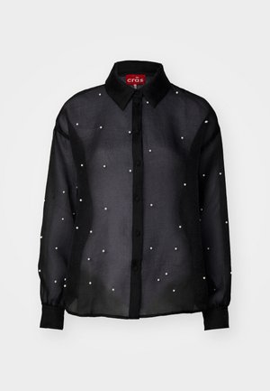 Black sheer button-up shirt with long sleeves, featuring pearl-like accents scattered throughout and a classic collar design.