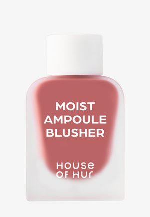 Kleine matte Kosmetikflasche mit weißem Verschluss, beschriftet mit Moist Ampoule Blusher von House of Hur in gedämpfter Rosafarbe.