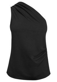 Haut noir sans manches avec un design asymétrique drapé sur une épaule, texture lisse et détails froncés sur le côté, coupe décontractée.