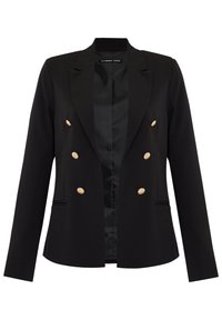 Blazer noir à double boutonnage en tissu lisse, avec des boutons dorés et des revers crantés, doté de poches avant et d'un intérieur en satin.