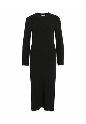 Černé dlouhé šaty s dlouhým rukávem z žebrovaného materiálu. Mají kulatý výstřih a kontrastní světlé lemování na manžetách a spodním okraji.