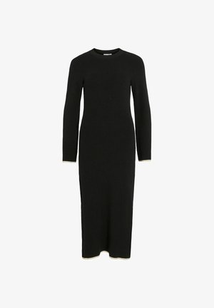 Sort langærmet kjole lavet af ribbet materiale. Har rund hals og kontrastfarvet lys kant ved ærmer og nederkant.