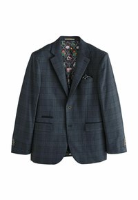 Blazer în carouri de culoare albastru marin, cu o căptușeală cu model floral, două buzunare frontale, un batiste de contrast și manșete cu patru nasturi.
