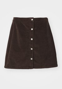 Dark brown corduroy skirt with front silver snap buttons, straight cut, knee-length, displayed on a plain white background.