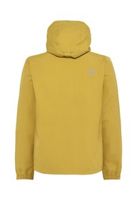 Gele, lichtgewicht jas met een capuchon, elastische manchetten en een klein grijs logo op de bovenrug. Gladde, waterbestendige stof.