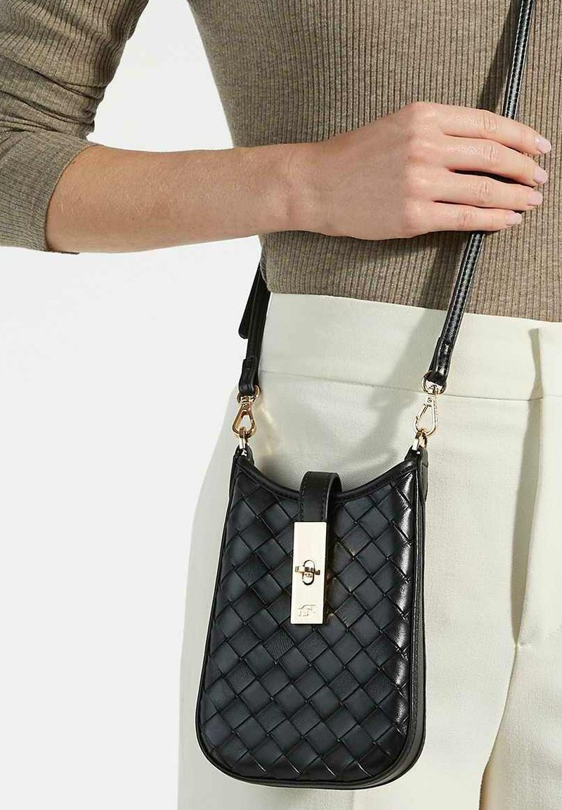 Black quilted leather handbag with a rectangular shape, featuring a gold-tone clasp and adjustable strap. Smooth texture with subtle detailing.