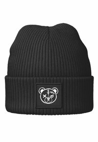 Black knitted beanie with a folded cuff, featuring a white patch of a bear face with various markings and an expressive design.
