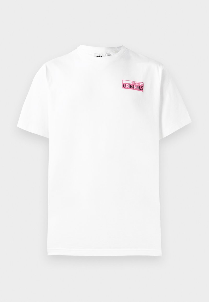 Weißes Baumwoll-T-Shirt mit einem pinken Grafikaufdruck mit dem Text "adidas ORIGINALS" auf der linken Brust. Kurze Ärmel und ein Rundhalsausschnitt.