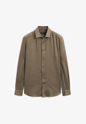 Brązowa koszula z długim rękawem, wykonana z teksturowanej tkaniny, z zapięciem na guziki z przodu, klasycznym kołnierzykiem oraz prostym dołem.