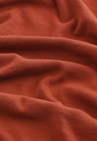 Tissu côtelé couleur rouille avec de fines lignes verticales ; texture lisse avec un léger éclat et un tombé doux, montrant des plis et des marques.