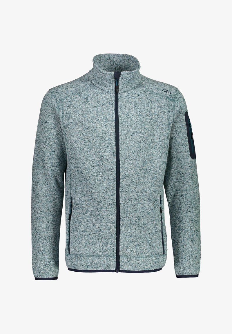 Veste polaire bleu clair à fermeture éclair intégrale avec col montant, deux poches avant zippées et une poche zippée sur la manche gauche.