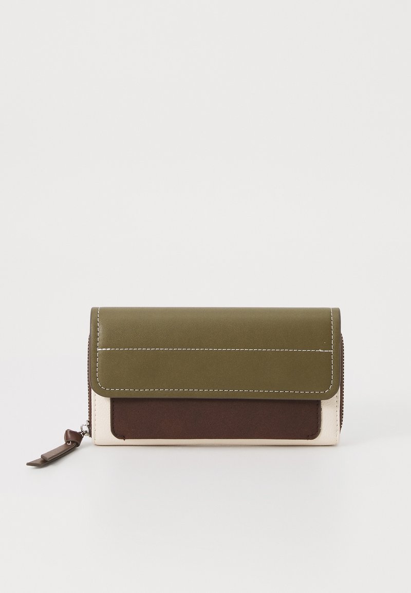 Rectangular wallet in green, brown, and cream fabric. Features a flap closure and contrast stitching, with a zippered compartment on the side.