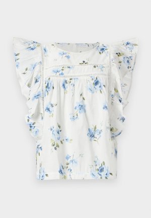 White floral blouse featuring blue flowers, ruffled short sleeves, and delicate lace detailing across the chest. Lightweight fabric.